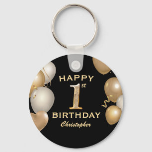 1st誕生日パーティーブラックと金ゴールドバルーン キーホルダー