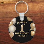 1st誕生日パーティーブラックと金ゴールドバルーン キーホルダー (正面)