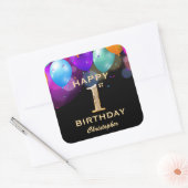 1st誕生日パーティーブラックと金ゴールドバルーン スクエアシール (封筒)