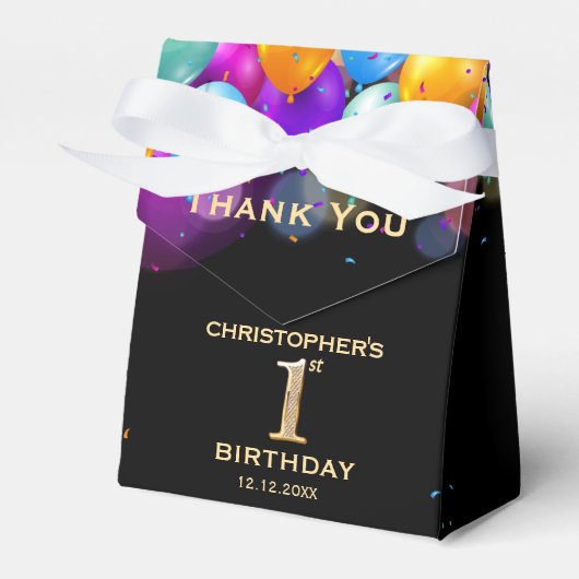1st誕生日パーティーブラックと金ゴールドバルーン フェイバーボックス (正面サイド)