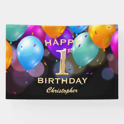 1st誕生日パーティーブラックと金ゴールドバルーン 横断幕 (横)