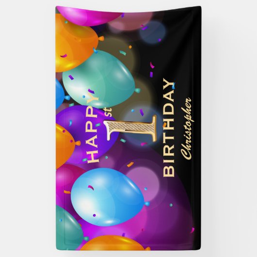 1st誕生日パーティーブラックと金ゴールドバルーン 横断幕 (縦)