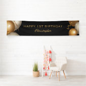 1st誕生日パーティーブラックと金ゴールドバルーン 横断幕 (インサイチュ)