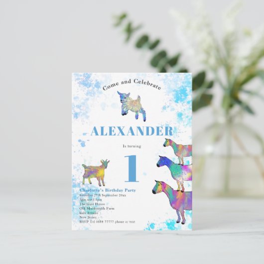 1st誕生日パーティー水彩ヤギ インビテーションポストカード (スタンド正面)