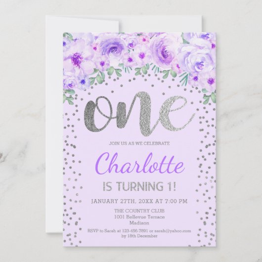 1st誕生日パーティー – シルバーパープル 招待状 (正面)