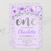 1st誕生日パーティー – シルバーパープル 招待状 (正面/裏面)