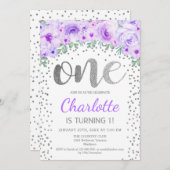 1st誕生日パーティー – ホワイトシルバーパープル 招待状 (正面/裏面)