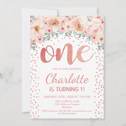 1st誕生日パーティー – ホワイトローズ金ゴールド 招待状 (正面)