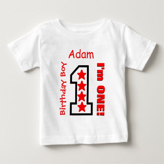 1st誕生日ボーイカスタムレッドスターズV05 ベビーTシャツ (正面)