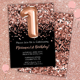 1st誕生日招待状ブラックバラ金ゴールドグリッター 招待状