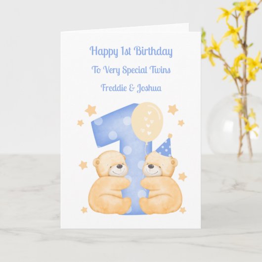 1st誕生日水玉模様テディズツインボーイズカード カード (黄色い花)