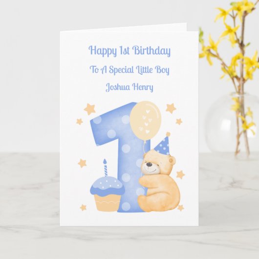 1st誕生日水玉模様テディ誕生日ボーイカード カード (黄色い花)
