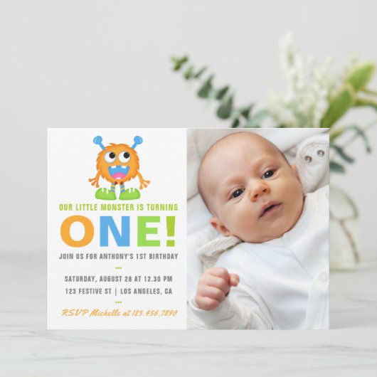 1st誕生日男の赤ちゃん追加フォトパーティの招待状 招待状 (スタンド正面)