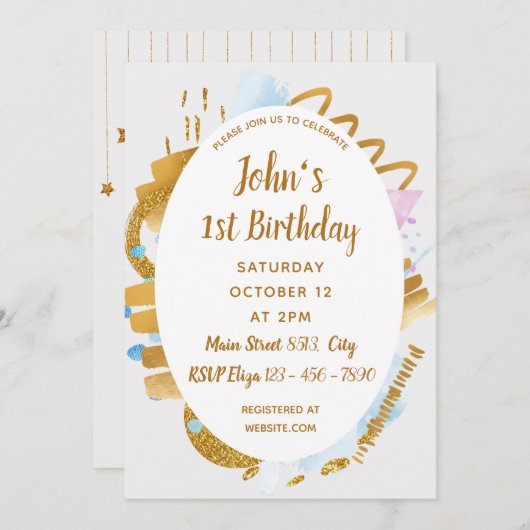 1st誕生日 – デリケートゴールデン詳細招待状 招待状 (正面/裏面)
