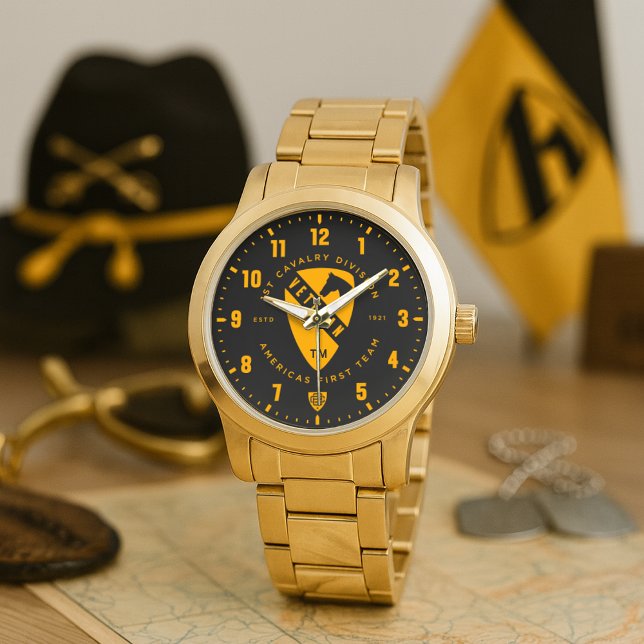 1st騎兵師団ベテラン向け名入れ 腕時計 (1st Cavalry Division Veteran Personalized Gold Stainless Steel Watch)