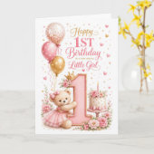 1st 女の子 テディベア 誕生日 カード (黄色い花)