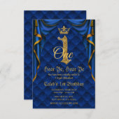 1st 1 ONE Birthday Partyブルー王室の金ゴールドクラウン 招待状 (正面/裏面)