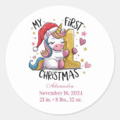 1st Baby Christmas  Pink Gold Unicorn ラウンドシール (正面)