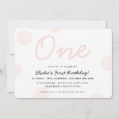 1st BIRTHDAYパーティーベビーピンクガールONE水玉模様 招待状 (正面)