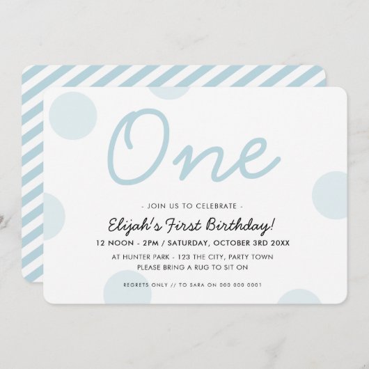 1st BIRTHDAYパーティーベビーブルーボーイワン水玉模様 招待状 (正面/裏面)