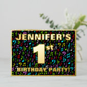 1st Birthdayパーティー—おもしろい、カラフル音楽シンボル 箔招待状 (立ち正面)