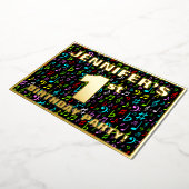 1st Birthdayパーティー—おもしろい、カラフル音楽シンボル 箔招待状 (回転した状態)