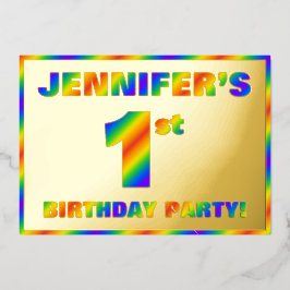 1st Birthdayパーティー—おもしろい、Rainbow Spectrum「1」 箔招待状