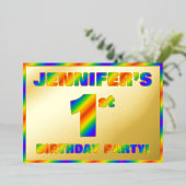 1st Birthdayパーティー—おもしろい、Rainbow Spectrum「1」 箔招待状 (立ち正面)