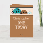 1st birthday add name ladybugsターコイズブラウン カード (裏面)