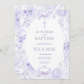 1st Birthday and Baptism for Girl Lilac Floral 招待状 (正面/裏面)