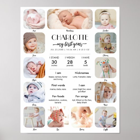1st Birthday Baby Milestone Custom Picture Collage ポスター (正面)