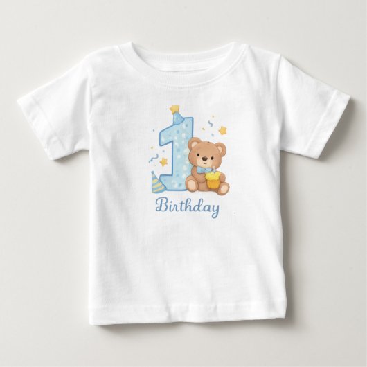 1st Birthday Bear Toddler T-Shirt – Cute Blue Bear ベビーTシャツ (正面)
