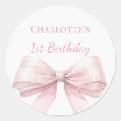 1st Birthday Bow Blush Pink Girl ラウンドシール (正面)