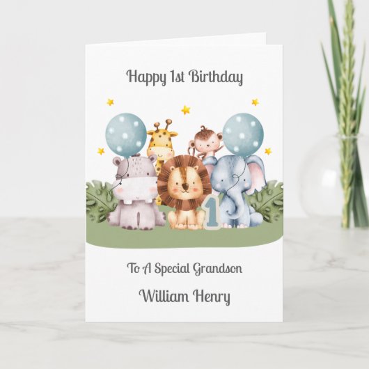 1st Birthday Boy Safari Leaf Animals Card カード (正面)