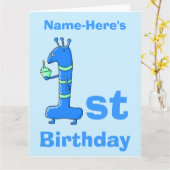 1st birthday cartoon, in blue.名前をカスタムする。 カード (黄色い花)