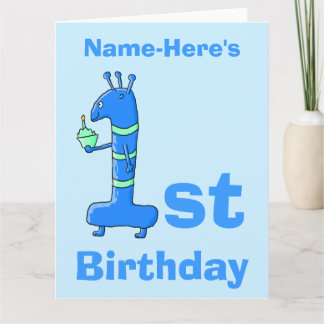 1st birthday cartoon, in blue.名前をカスタムする。 カード