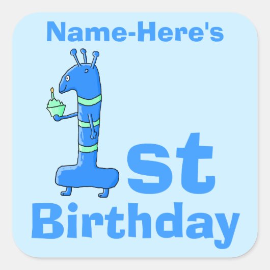 1st birthday cartoon, in blue.名前をカスタムする。 スクエアシール (正面)