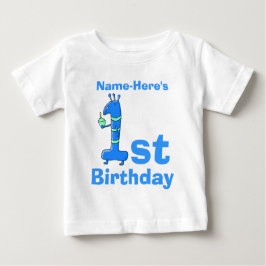 1st birthday cartoon, in blue.名前をカスタムする。 ベビーTシャツ