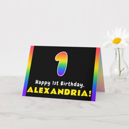 1st Birthday: Colorful Rainbow # 1, Custom Name カード (小さな植物)