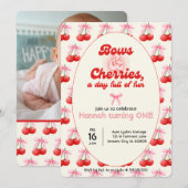 1st Birthday Coquette Cherries Bows Bubble Letters 招待状 (正面/裏面)