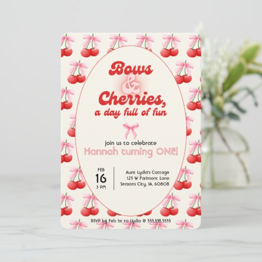 1st Birthday Coquette Cherries Bows Bubble Letters 招待状 (スタンド正面)