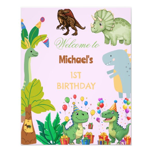 1st Birthday Dinosaur Minimal baby welcome sign フォトプリント (正面)