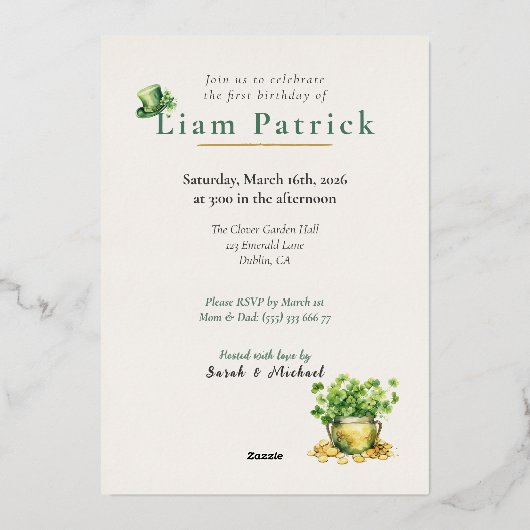 1st Birthday Foil Invitation St. Patrick's Card 箔招待状 (裏面)