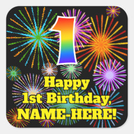 1st Birthday: Fun Fireworks Look, Rainbow # 1 スクエアシール