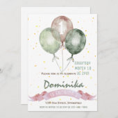 1st birthday girl招待状，女の子の誕生日パーティー，緑 招待状 (正面/裏面)