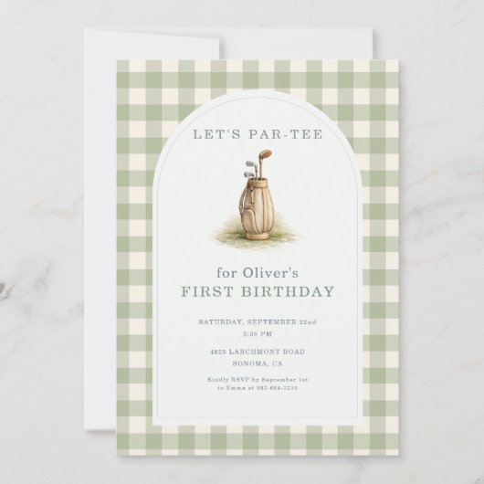 1st Birthday Golf Par-Tee Gingham Photo 招待状 (正面)