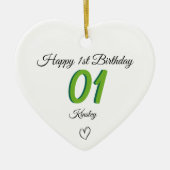1st Birthday green Shadow Monogram heart baby セラミックオーナメント (正面)