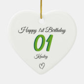 1st Birthday green Shadow Monogram heart baby セラミックオーナメント (裏面)