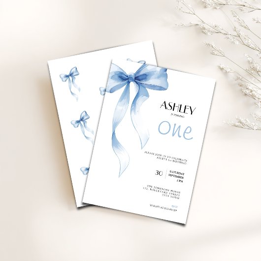1st Birthday Invitation Blue Bow for Girls 招待状