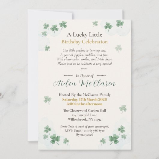 1st Birthday Invitation Card - St. Patrick's Day 招待状 (裏面)